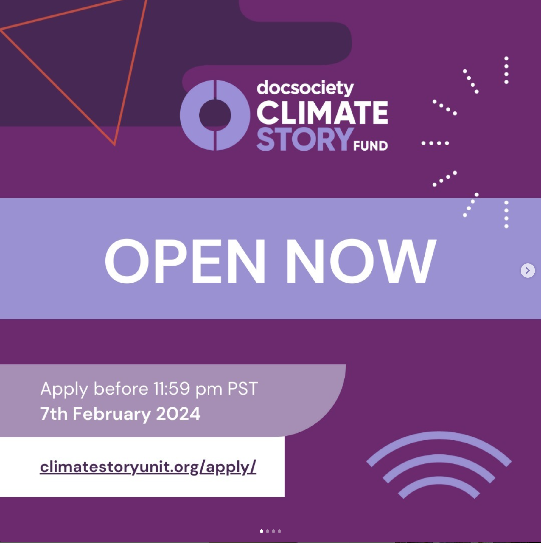 text on purple background: Open now page for climate story fund